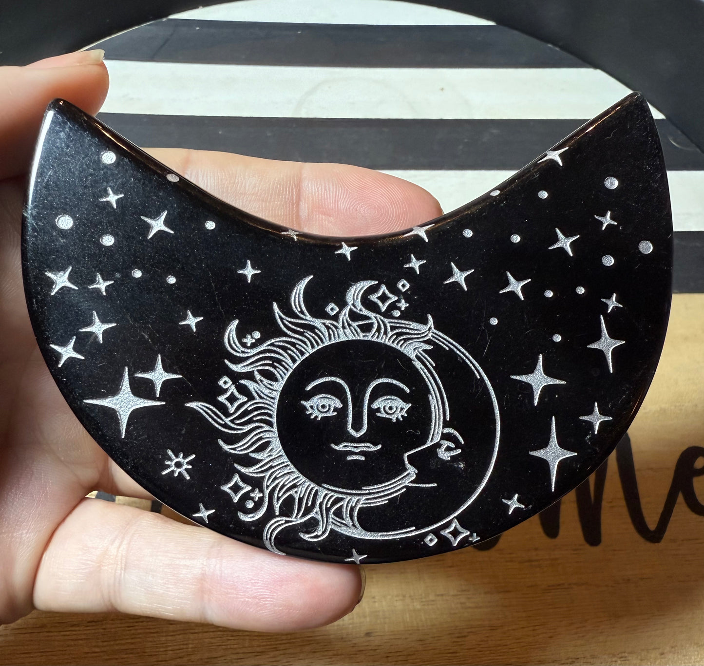Black obsidian Sun & Moon silver embossed crescent moon
