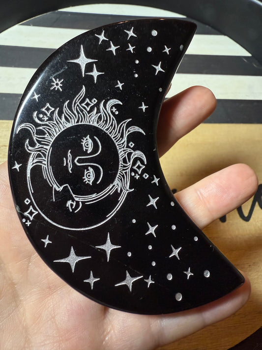 Black obsidian Sun & Moon silver embossed crescent moon