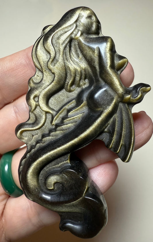 Flashy Golden sheen obsidian mermaid carving