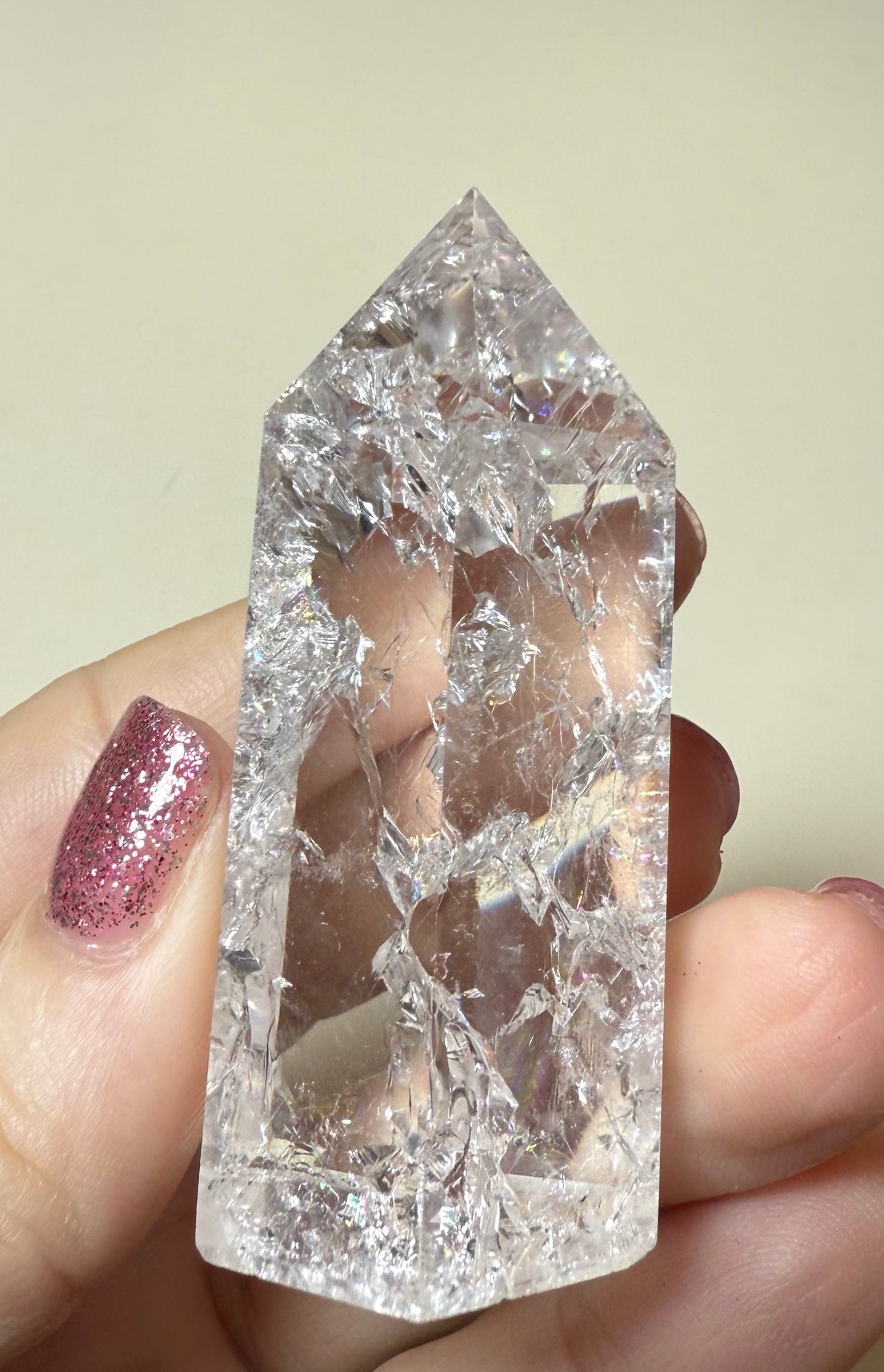 Gorgeous Rainbow flash Crackle clear quartz point 76g