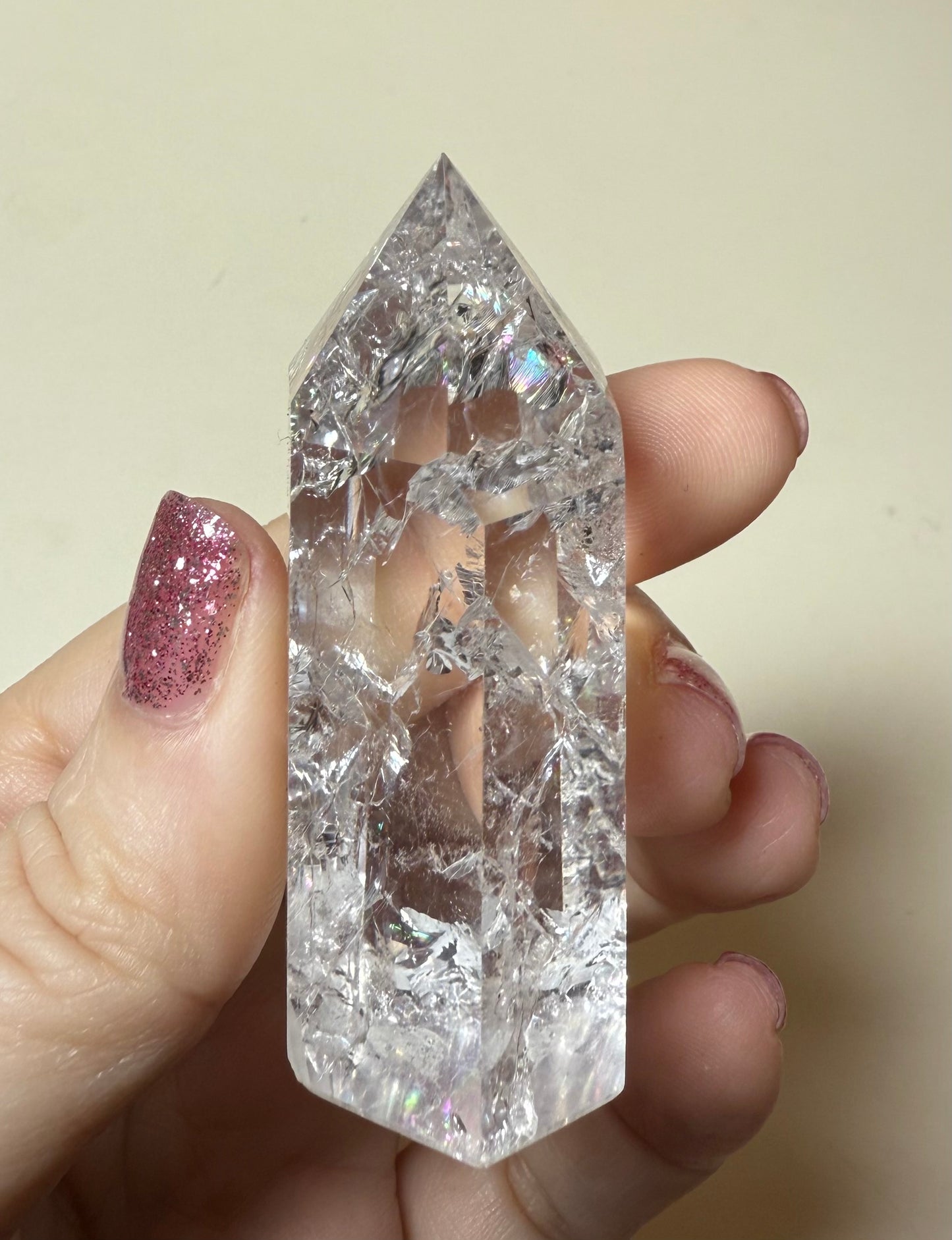Gorgeous Rainbow flash Crackle clear quartz point 76g