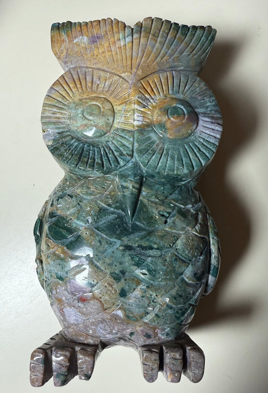 Large Wonderfully carved Ocean Jasper owl 2.72 kgs