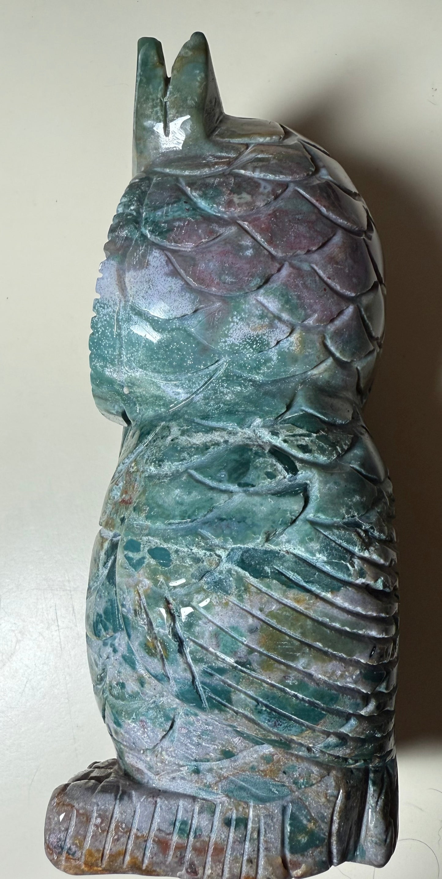 Large Wonderfully carved Ocean Jasper owl 2.72 kgs