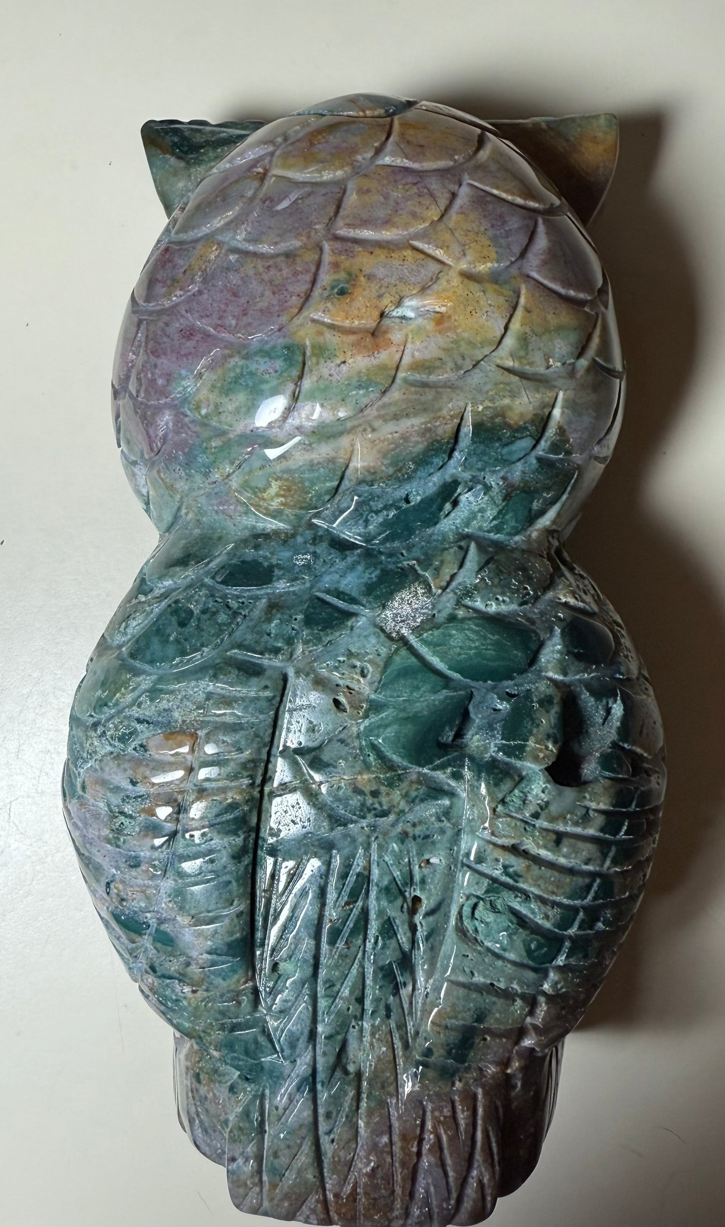 Large Wonderfully carved Ocean Jasper owl 2.72 kgs