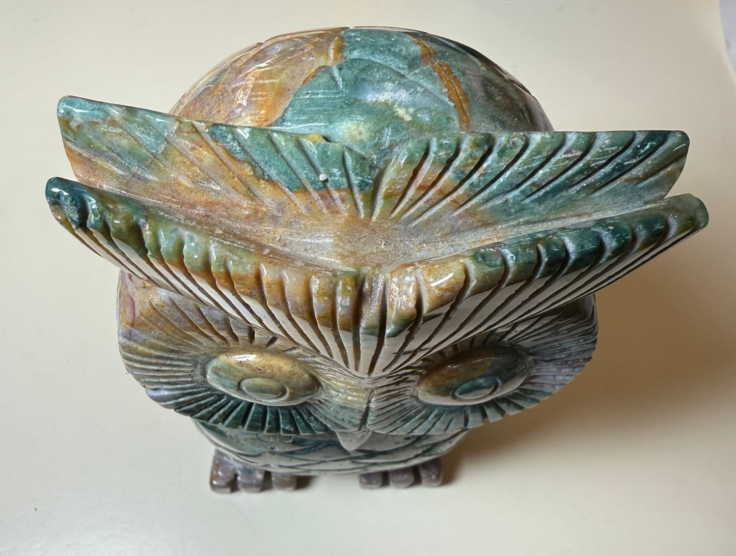 Large Wonderfully carved Ocean Jasper owl 2.72 kgs