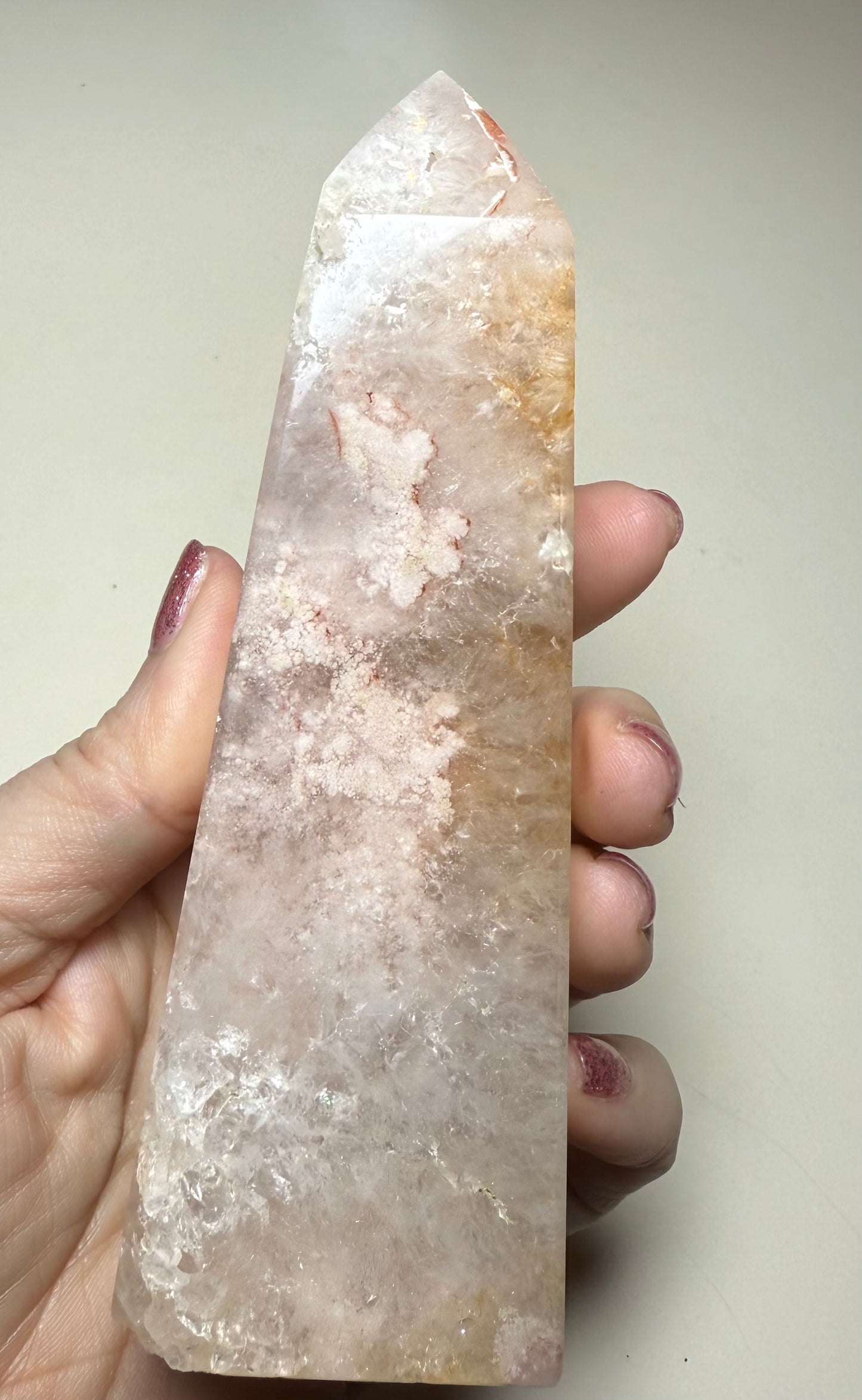 Super pretty Quartz filled Flower agate tower with golden healer inclusions