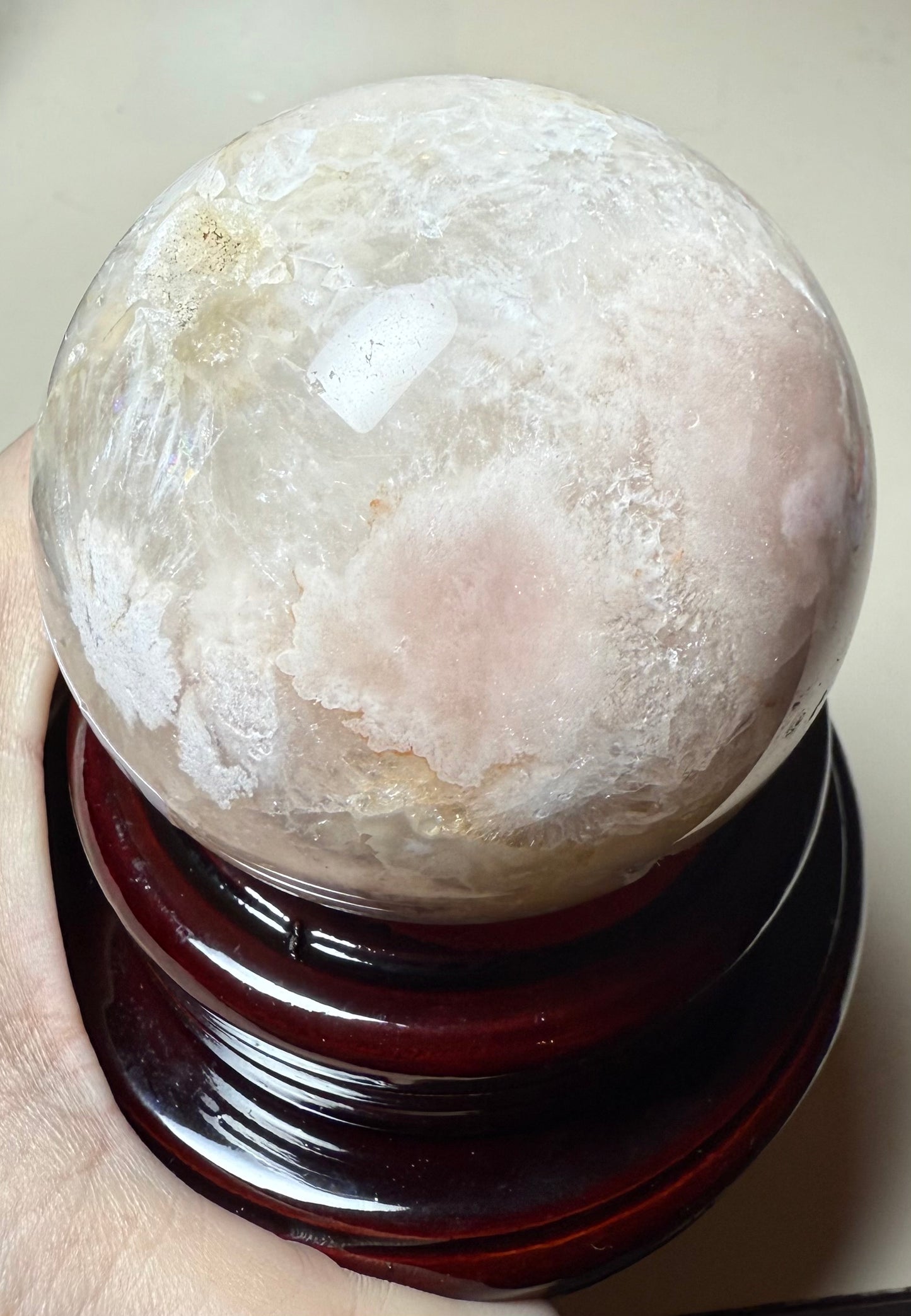 Flower agate sphere with super cool druzy pocket with stalagmites 470g