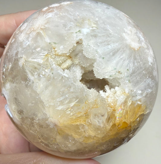 Flower agate sphere with super cool druzy pocket with stalagmites 470g