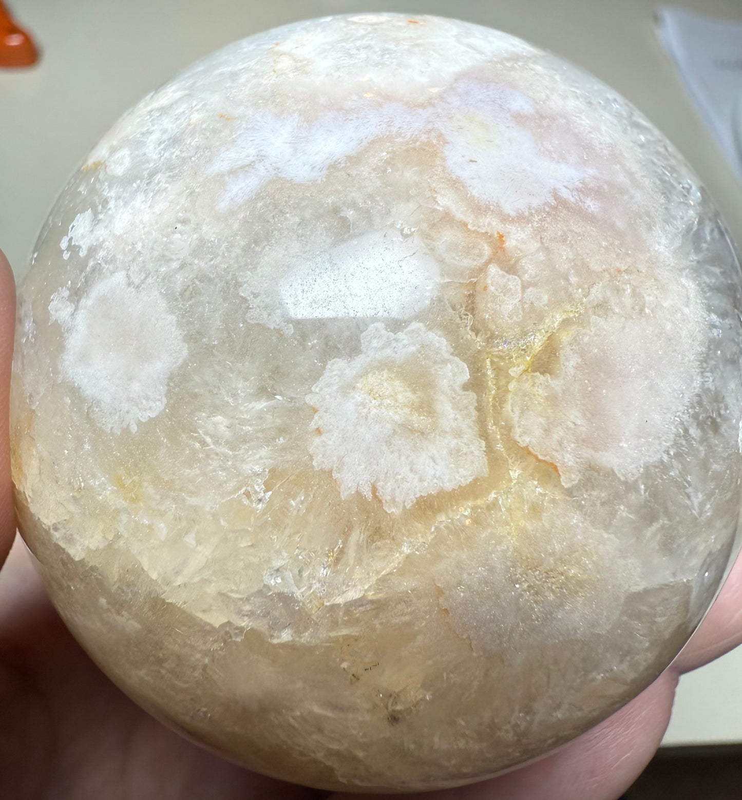 Flower agate sphere with super cool druzy pocket with stalagmites 470g