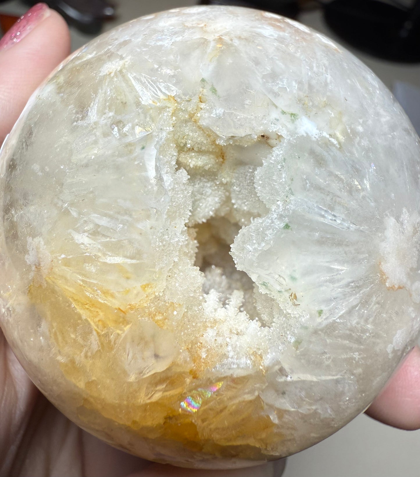 Flower agate sphere with super cool druzy pocket with stalagmites 470g