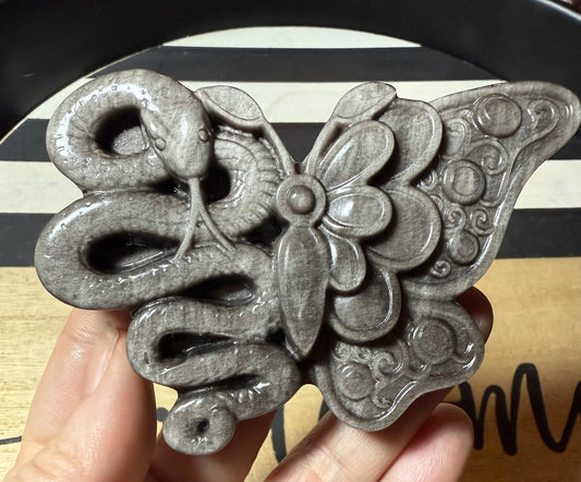 Carved Silver sheen Obsidian butterfly with snake