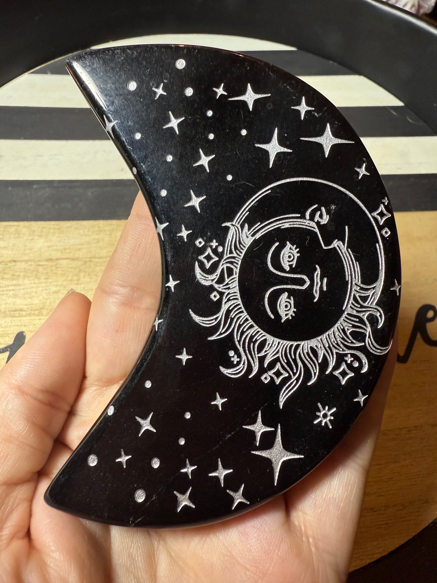 Black obsidian Sun & Moon silver embossed crescent moon