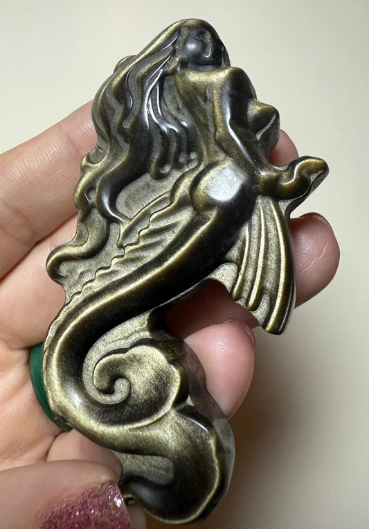 Flashy Golden sheen obsidian mermaid carving