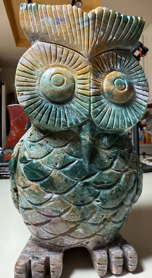 Large Wonderfully carved Ocean Jasper owl 2.72 kgs