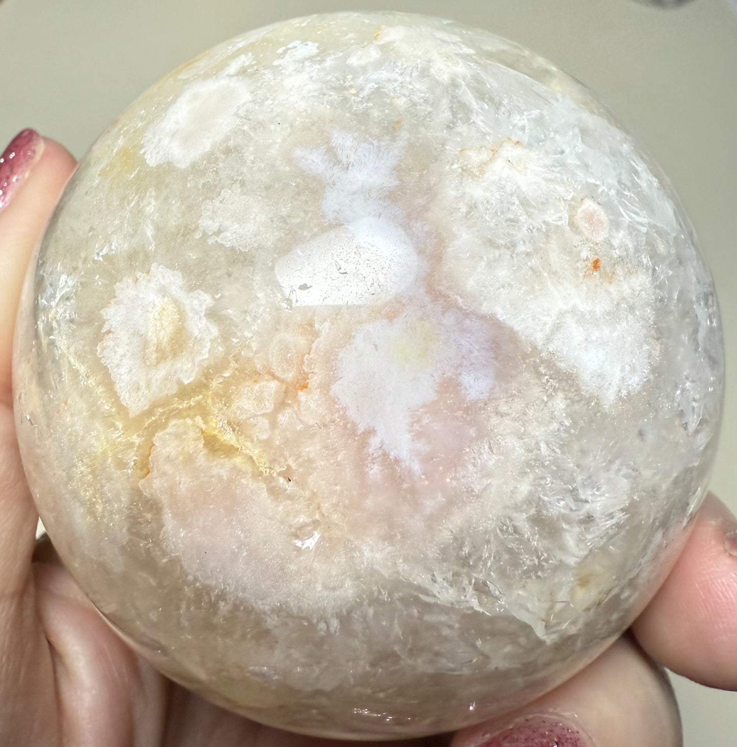 Flower agate sphere with super cool druzy pocket with stalagmites 470g