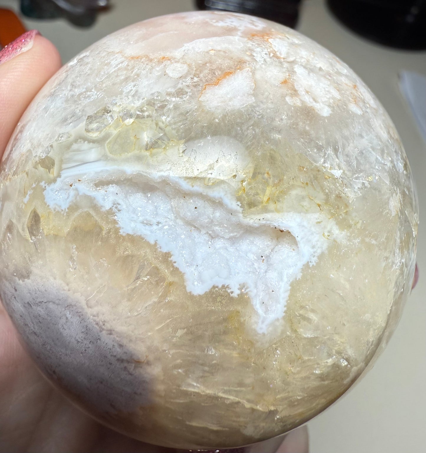Flower agate sphere with super cool druzy pocket with stalagmites 470g